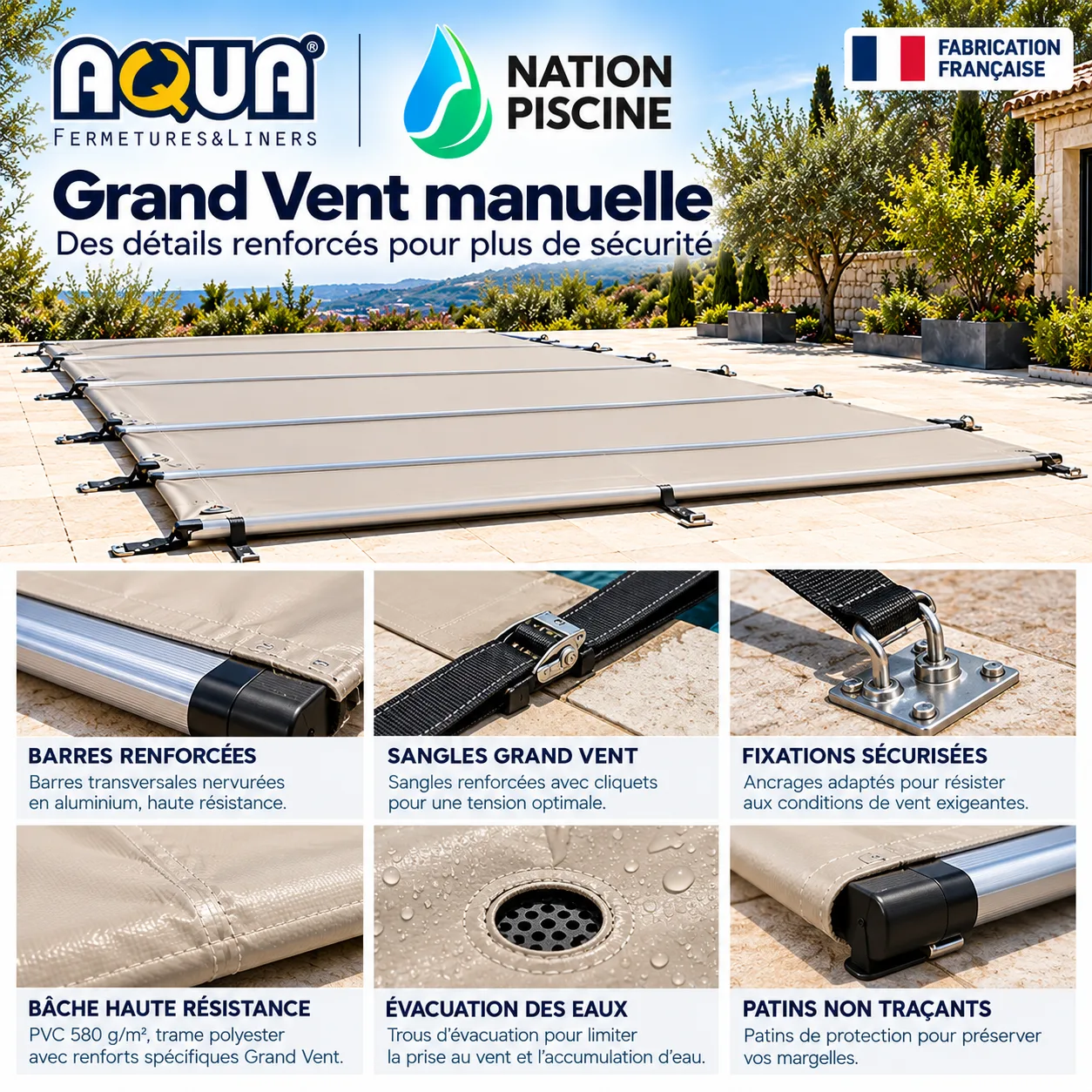 Détails Grand Vent Aquafermetures avec barres nervurées et sangles réglables