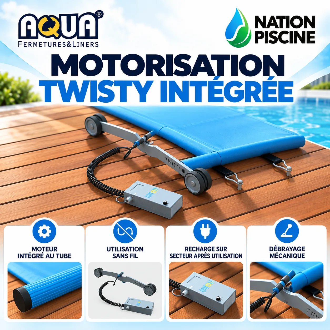 Motorisation Twisty intégrée au tube de la couverture Grand Vent Aquafermetures