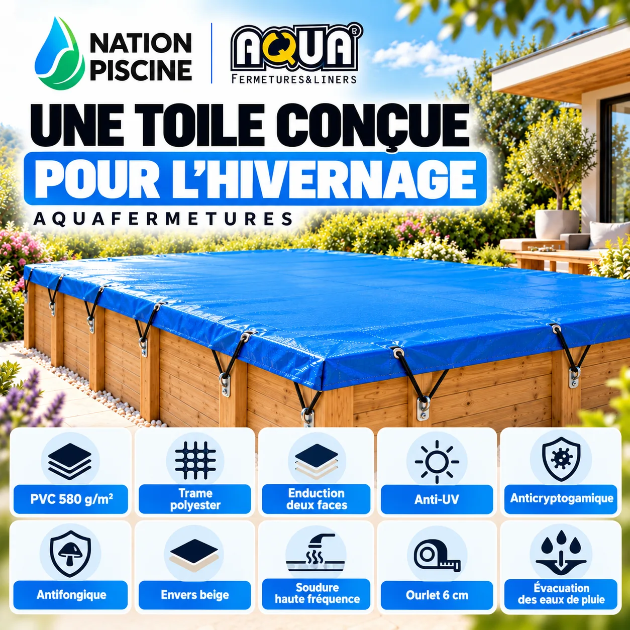 Toile PVC 580 g/m² bâche d’hivernage piscine bois Aquafermetures